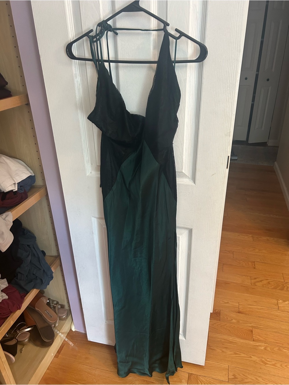BHLDN Black and Deep Green Satin Slip Maxi Dress